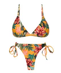 Orange-yellow double-tie thong bikini with flowers - SET LIS TRI-FIXO FIO-TIE