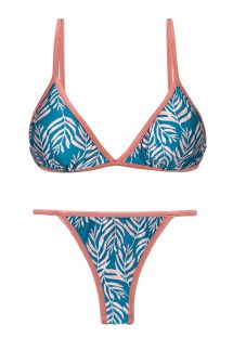 Bikini brasiliano blu e fantasia a foglie, slip fisso fianchi sottili e reggiseno fisso regolabile - SET PALMS-BLUE TRI-FIXO CALIFORNIA
