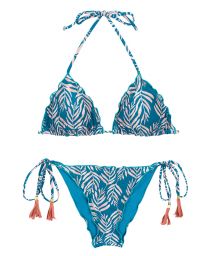 Blue scrunch bikini with leaf pattern and wavy edges - SET PALMS-BLUE TRI FRUFRU