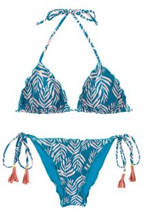 Blue scrunch bikini with leaf pattern and wavy edges - SET PALMS-BLUE TRI FRUFRU
