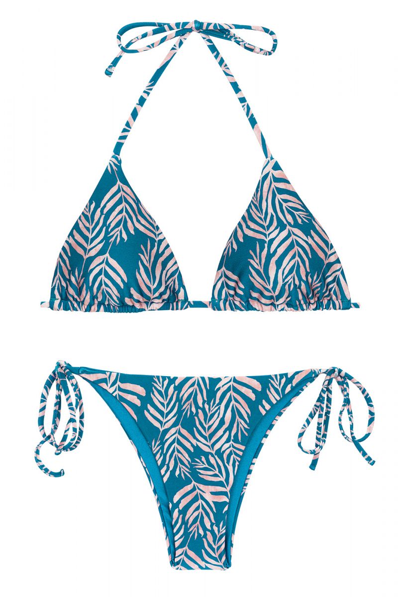 Blue side-tie Brazilian bikini with leaf pattern - SET PALMS-BLUE TRI-INV IBIZA