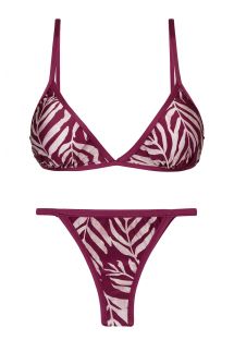 Wine red Brazilian bikini with thin sides and leaves pattern - SET PALMS-VINE TRI-FIXO CALIFORNIA