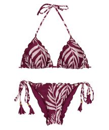 Wine red scrunch bikini with leaf pattern and wavy edges - SET PALMS-VINE TRI FRUFRU