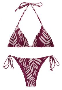 Wine red side-tie Brazilian bikini with leaf pattern - SET PALMS-VINE TRI-INV IBIZA