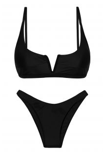 Top de bikini bralette negro ajustable con detalle de V y braguita de pernera alta - SET PRETO BRA-V HIGH-LEG