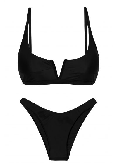 Black high leg bikini with adjustable V bralette top - SET PRETO BRA-V HIGH-LEG
