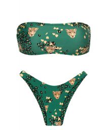 Leopard pattern green bandeau bikini and tanga - SET ROAR-GREEN BANDEAU-RETO HIGH-LEG