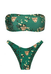 Bikini bandeau y tanga verde con estampado de leopardo - SET ROAR-GREEN BANDEAU-RETO HIGH-LEG