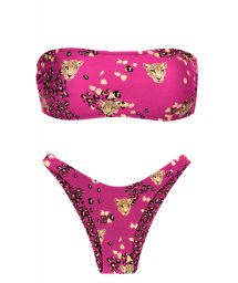 Pink leopard print bandeau bikini and tanga - SET ROAR-PINK BANDEAU-RETO HIGH-LEG