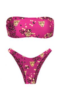 Bikini a fascia e tanga rosa con stampa di leopardo - SET ROAR-PINK BANDEAU-RETO HIGH-LEG