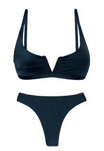 Iridescent navy blue thong bikini with V bralette top - SET SHARK BRA-V FIO