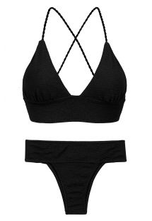 Czarne teksturowane skrzyżowane na plecach bikini braletka - SET ST-TROPEZ-BLACK TRI-COS RIO-COS