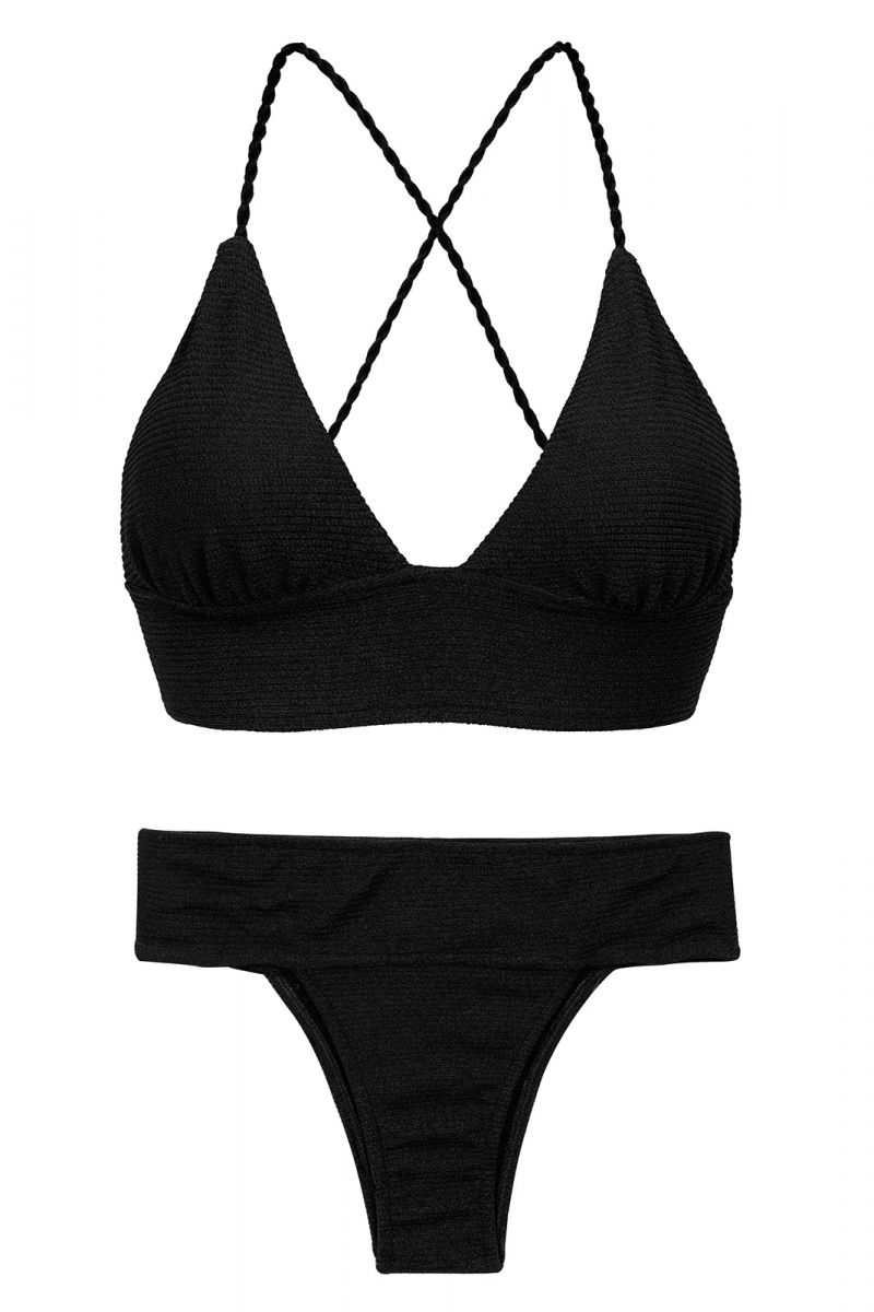 Textured  black crossed bralette bikini - SET ST-TROPEZ-BLACK TRI-COS RIO-COS