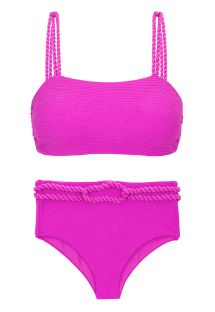 Rżowe teksturowane bikini z wysokim stanem i skręconą liną - SET ST-TROPEZ-PINK RETO HOTPANT-HIGH