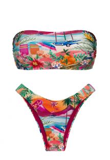 Bikini brasiliano sgambato colorato e tropicale con reggiseno a fascia - SET SUNSET BANDEAU-RETO HIGH-LEG
