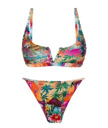 Colorful tropical cheeky Brazilian bikini with V bralette top - SET SUNSET BRA-V CHEEKY-FIXA