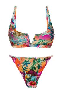 Kolorowe tropikalne brazylijskie bikini z topem bralette V - SET SUNSET BRA-V CHEEKY-FIXA