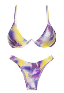 Bikini de talle alto con efecto teñido en violeta y amarillo con aros en la parte superior en forma de V - SET TIEDYE-PURPLE TRI-ARO HIGH-LEG
