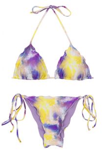 Bikini scrunch con lacci viola / giallo con bordi ondulati - SET TIEDYE-PURPLE TRI FRUFRU