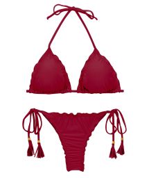 Garnet red scrunch thong bikini with wavy edges - SET UV-DESEJO TRI FRUFRU-FIO