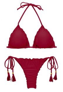 Garnet red scrunch thong bikini with wavy edges - SET UV-DESEJO TRI FRUFRU-FIO