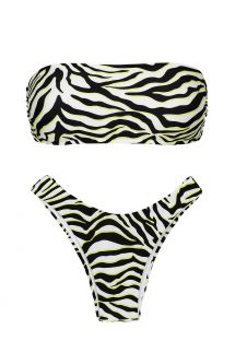 Bikini bandeau con braguita de pernera alta y estampado atigrado blanco y negro - SET WILD-BLACK BANDEAU-RETO HIGH-LEG