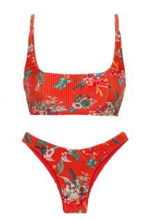 Czerwone bikini w kwiatu z wysokim wycięciem i sportowym topem - SET WILDFLOWERS BRA-SPORT LISBOA