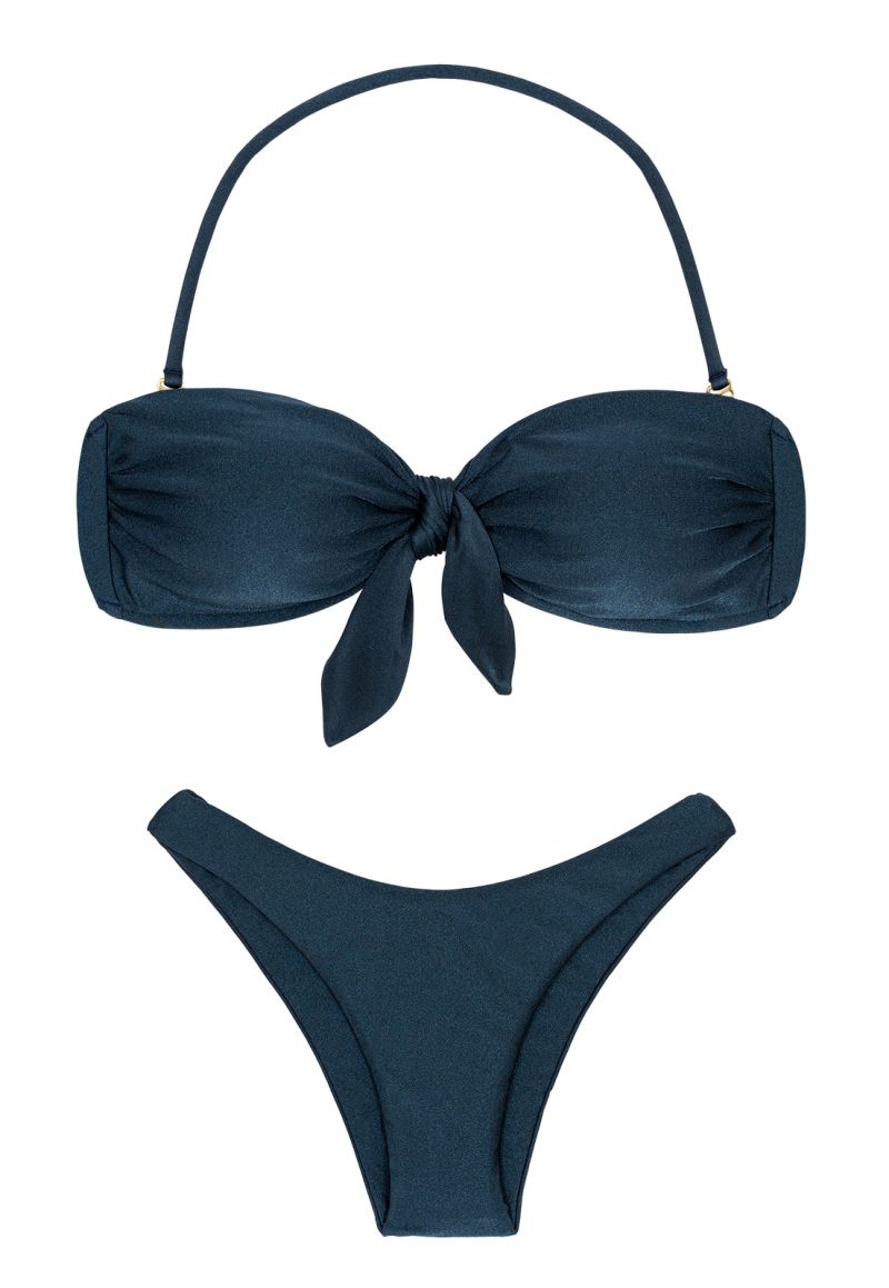 Iridescent navy blue high-leg bikini with bandeau top - SHARK BANDEAU