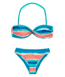 Blue and coral bandeau bikini with removable strap - UPBEAT BANDEAU