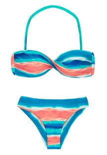 Blue and coral bandeau bikini with removable strap - UPBEAT BANDEAU