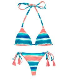 Blue and coral scrunch bikini with pompoms - UPBEAT INVISIBLE MICRO