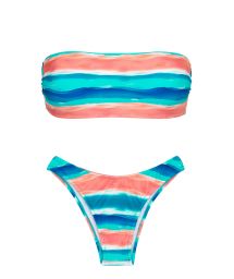 Bikini bandeau bleu/corail et bas high leg - UPBEAT RETO