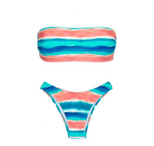 Blue and coral high-leg bikini with bandeau top - UPBEAT RETO