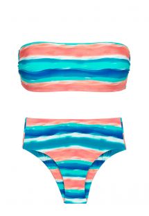 Blue and coral high-waist bikini with bandeau top - UPBEAT RETO HOTPANT