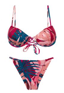 Bikini brasileño, color rosa y azul, atrevido, con estampado de hojas - SET YUCCA BALCONET-PUSHUP CHEEKY-FIXA