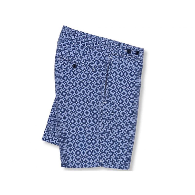 Navy blue / white geometric print beach shorts - ANGRA TAILORED LONG NAVY BLUE