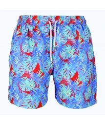 Men`s swimming shorts with blue leaf pattern over a red background - FLOR SELVATICA