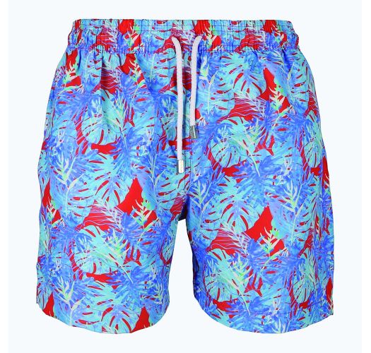 Pantalones cortos de natacion para hombre hojas azules sobre fondo rojo  - FLOR SELVATICA