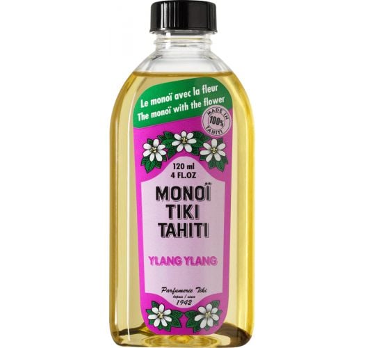 Monoï al profumo di ylang-ylang con fiore, realizzato in Tahiti - TIKI Monoi Ylang Ylang 120 ml