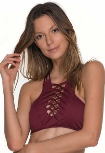 Burgundy crop top bathing suit with strappy neckline - TOP AWE BURGUNDY