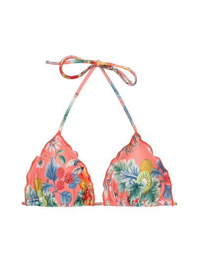 Coral pink printed triangle top with wavy edges - TOP FRUTTI TRI