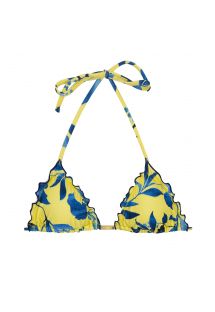 Ozdobne żółty trójkątny pofalowany top do bikini w roślinny wzór - TOP LEMON FLOWER FRUFRU