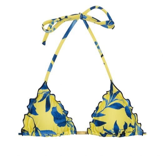 Ozdobne żółty trójkątny pofalowany top do bikini w roślinny wzór - TOP LEMON FLOWER FRUFRU