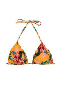 Geel oranje driehoekige bikinitop met bloemenprint en golvende randen - TOP LIS TRI