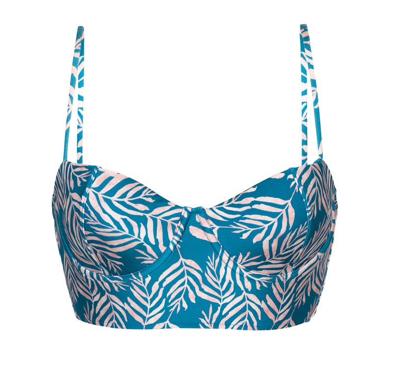 Blue laced back bralette bikini top with leaf pattern - TOP PALMS-BLUE BALCONET-ANNA