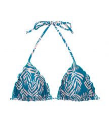 Blue bikini top with leaf pattern and wavy edges - TOP PALMS-BLUE TRI