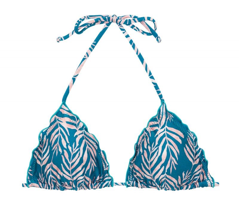 Blue bikini top with leaf pattern and wavy edges - TOP PALMS-BLUE TRI