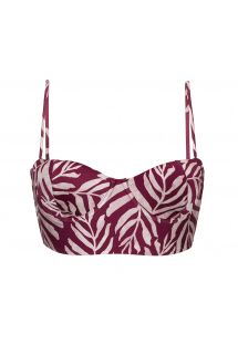 Sujetador de bikini de color rojo vino tinto, sin varillas, con patrón de hojas, encaje trasero - TOP PALMS-VINE BALCONET-ANNA