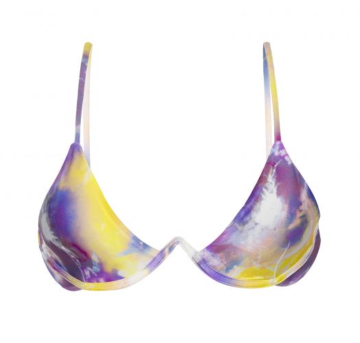 Parte superior de bikini con aros en forma de V en violeta y amarillo con efecto teñido - TOP TIEDYE-PURPLE TRI-ARO