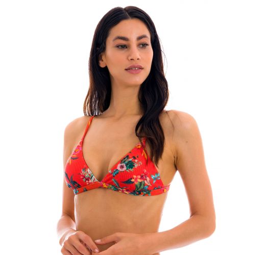 Red floral adjustable triangle bikini top - TOP WILDFLOWERS TRI-FIXO